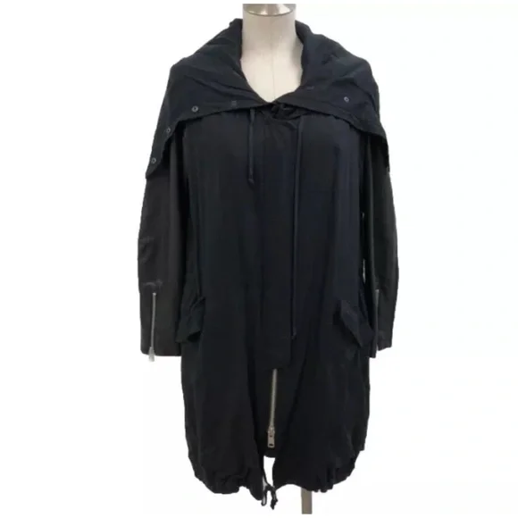 All Saints Kaito Lea Parka Wool Jacket Womens 6 Black Moto trench Hood Leather
